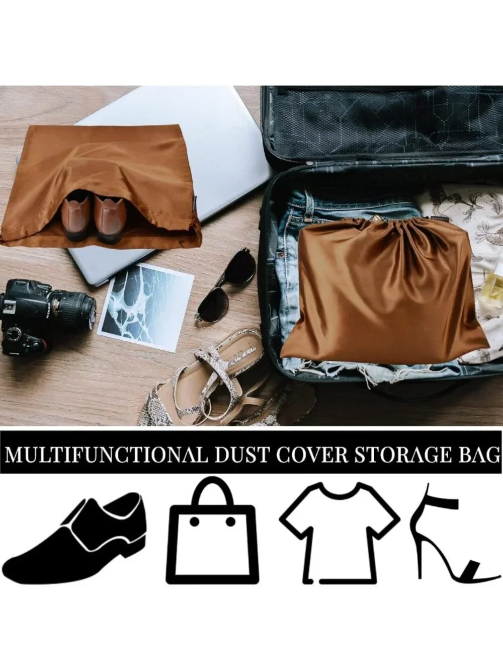 10 Pack Silk Dust Bags for Handbags & Purses, Drawstring Storage Pouches, Brown